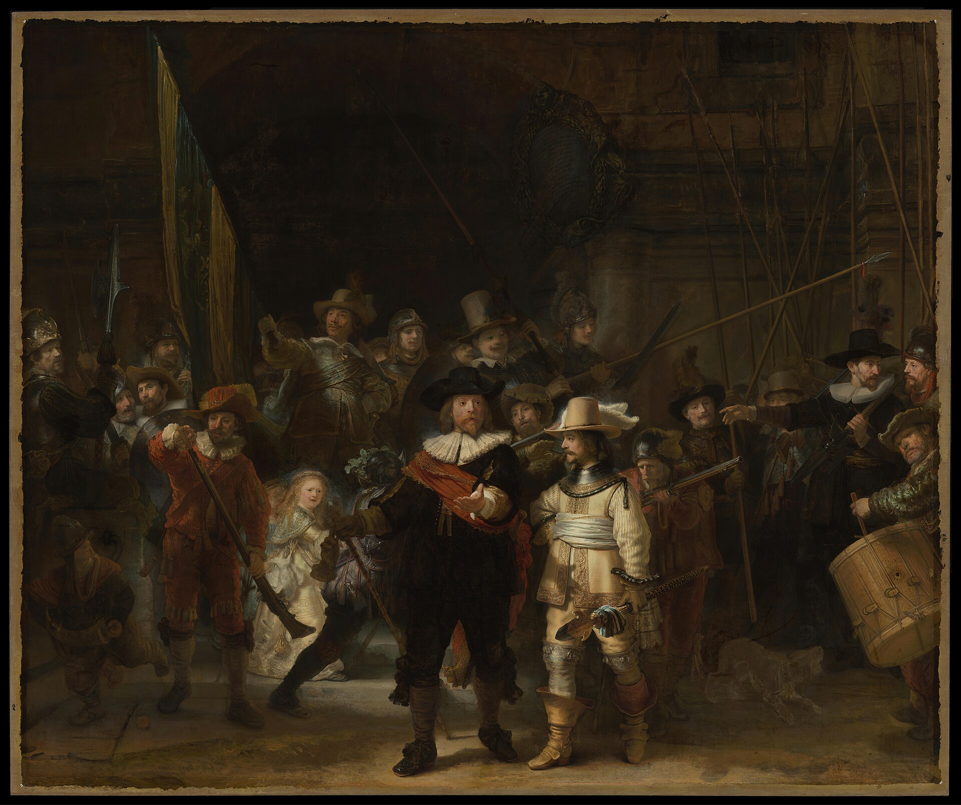 Rembrandt's The Night Watch: a militia company with muskets, pikes and a drum, led out by two officers in a pool of light